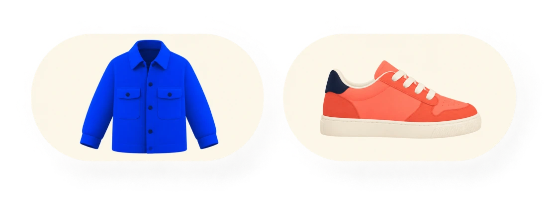A cobalt jacket and coral sneaker presented as storefront product cards