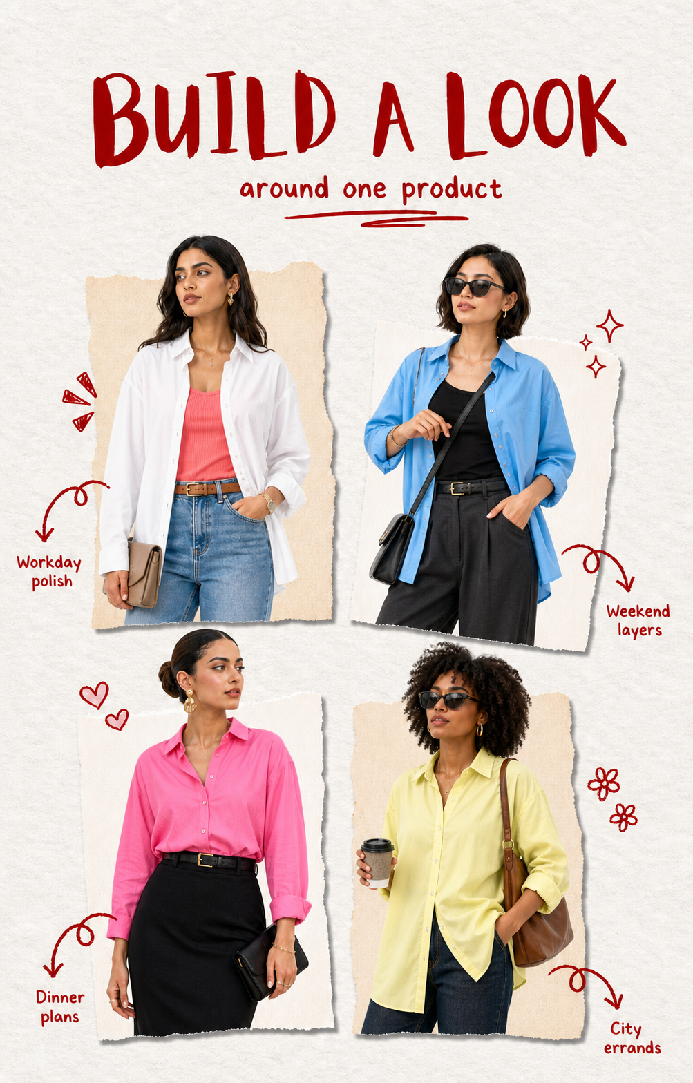 Four colorful outfits built around four colorways of one oversized shirt, presented as a handmade fashion scrapbook